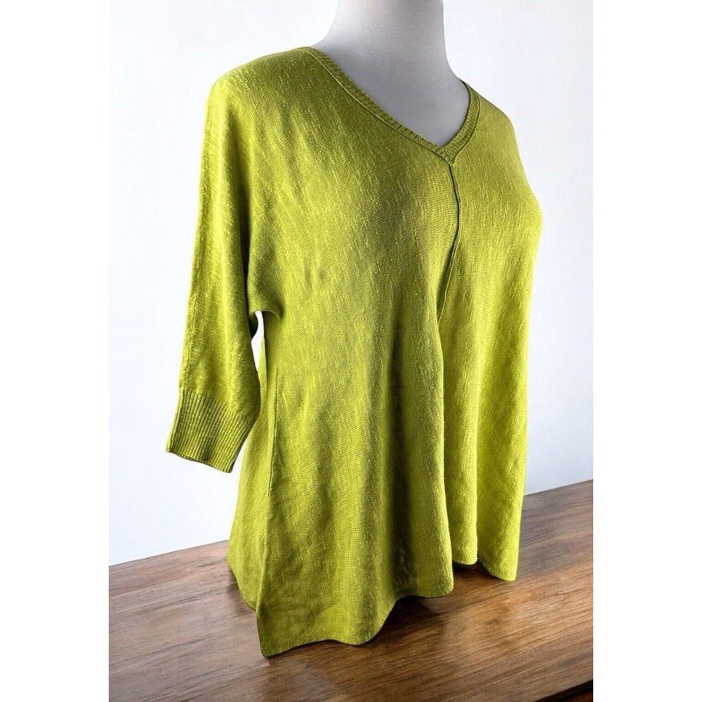 Eileen Fisher Organic Linen Cotton V-neck 3/4 Sleeve Top Green Small Lightweight - Picture 3 of 16